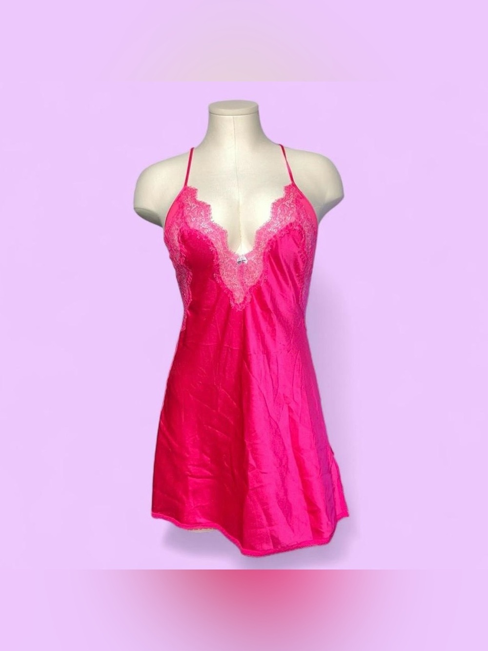 Victoria's Secret Bright Pink Satin Lace-Trim Chemise